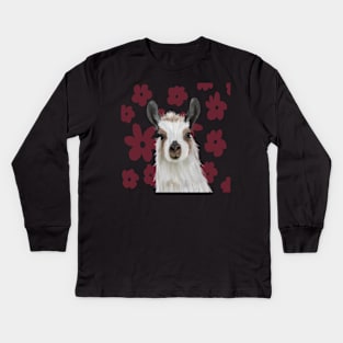 Llama | Burgundy Red Retro Flowers | Llama Lovers gift Kids Long Sleeve T-Shirt